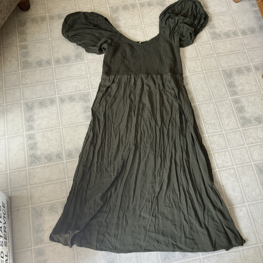 Boho Smocked Midi Dress Maurices Large Puff Sleeves Olive Green Festival Hippie
